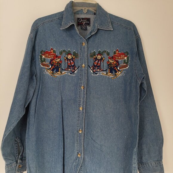 Let's Quizz Again Tops - Let's Quizz Again Vintage Embroidered Skiing Bears Denim Shirt